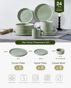 Famiware Star 24-Piece Reactive Glaze Plates and Bowls Sets, Service for 8 - Stoneware Dinnerware Set, High Edge Ribbed Dishes, Chip & Scratch Resistant, Microwave & Dishwasher Safe, Matte Sage Green