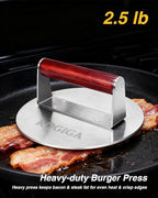 Smash Burger Press 2.5LB Heavy Duty - 8.5 Inch Stainless Steel Burger Smasher Tool with Wood Handle - Professional Grill Press & Steak Weight for Griddle, Perfect Smashburgers, Bacon, Panini
