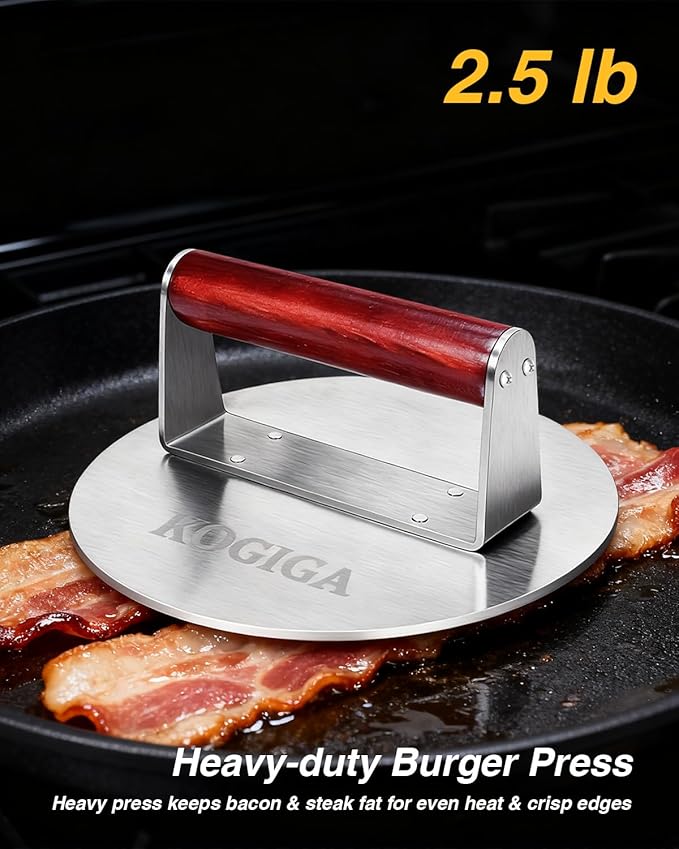 Smash Burger Press 2.5LB Heavy Duty - 8.5 Inch Stainless Steel Burger Smasher Tool with Wood Handle - Professional Grill Press & Steak Weight for Griddle, Perfect Smashburgers, Bacon, Panini