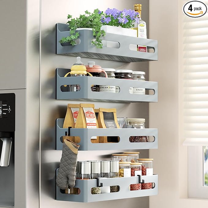 Sevenblue 4 Pack Strong Magnetic Spice Rack for Refrigerator, Multipurpose Magnetic Shelf for Fridge with 4 Hooks for kitchen and Bathroom Organization, Grey