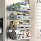 Sevenblue 4 Pack Strong Magnetic Spice Rack for Refrigerator, Multipurpose Magnetic Shelf for Fridge with 4 Hooks for kitchen and Bathroom Organization, Grey