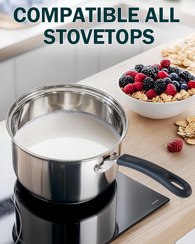 Cook N Home 1 Quart Stainless Steel Saucepan with Lid, Induction Compatible Milk Pot, Stay-Cool Silicone Handle, Mirror Polished 18/10 Cookware, Dishwasher & Oven Safe, Silver