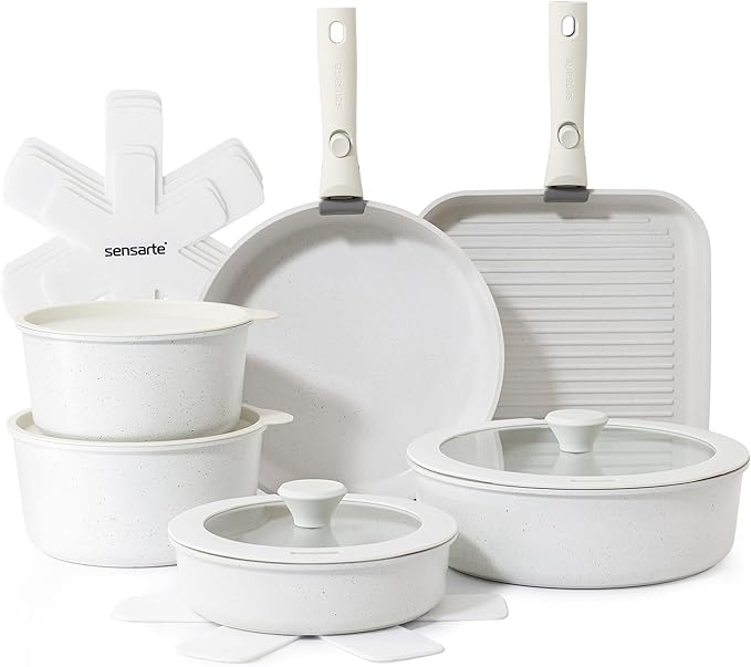 SENSARTE 17 Piece Pots and Pans Set, Nonstick Detachable Handle Cookware Set, Induction Kitchen Cookware Set with Removable Handle, Healthy Non Stick for RV, Dishwasher ＆ Oven Safe, PFOA Free (White)