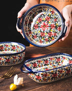 Red Daisy Flower Vintage Style Ceramic Bakeware Casserole Dish Baking Pan Lasagna Pans Baking Dish with Handles for Oven/Cooking/Kitchen-1 PCS, 32 OZ