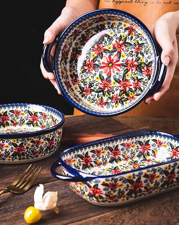 Red Daisy Flower Vintage Style Ceramic Bakeware Casserole Dish Baking Pan Lasagna Pans Baking Dish with Handles for Oven/Cooking/Kitchen-1 PCS, 32 OZ