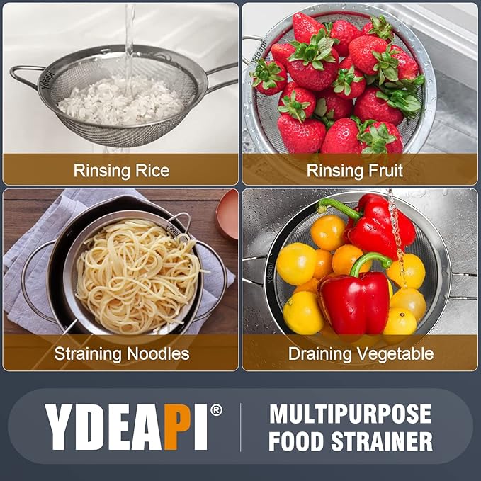 Ydeapi 6.3" Fine Mesh Strainer with Handle, Metal Food Strainers for Kitchen, Sieve Fine Mesh Stainless Steel for Rice, Quinoa, Pasta, Noodles