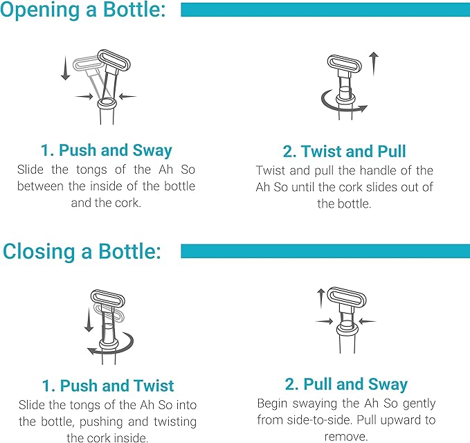 Ah So Wine Opener - Two Prong Cork Puller with 2 Wine Stoppers for Wine Bottles - Stainless Steel Wine Bottle Opener - Ideal for Safely Removing Fragile, Old Corks Intact - Gifts for Wine Lovers