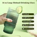 Large Capacity 16 oz Hobnail Drinking Glasses Set of 6, Vintage Glassware Drinking Glasses, Gradual Dark Green Water Glasses Tumbler, Cups for Kitchen, Juice, Beer, Cocktail, Whiskey