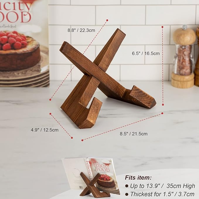 Cookbook Stand, Wooden Recipe Book Holder, Cook Book Stand for Kitchen Counter, Multifunctional Display, Kitchen Counter Decor - Brown
