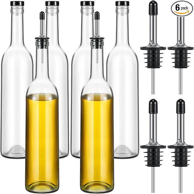 Baderke 6 Pack Glass Long Neck Bottles with Pourer and Caps Clear Glass Wine Syrup Bottle with Spout for Liquor Juice Home Party Bar Kitchen Accessories(Stainless Steel)