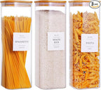 CZZGSM 3 Pack Square Kitchen Storage Jars with Airtight Bamboo Lids and 132 Pantry Labels - 80oz Glass Canisters with Wood Lids - Food Storage Containers for Spaghetti, Pasta, Fettuccine