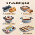 Nonstick Silicone Bakeware Set, 6 set Baking Cake Pan, Economical BPA Free Heat Resistant Bakeware Tools for DIY Loaf Bread Cheesecake Pizza Cupcake Muffin (Gray)