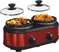 Double Slow Cooker, 2 x 1.25 QT Portable Small Dual Crock Cooker, Buffet Servers and Warmers Dishwasher Safe, Removable Ceramic Pot Glass Lid, Stainless Steel Red