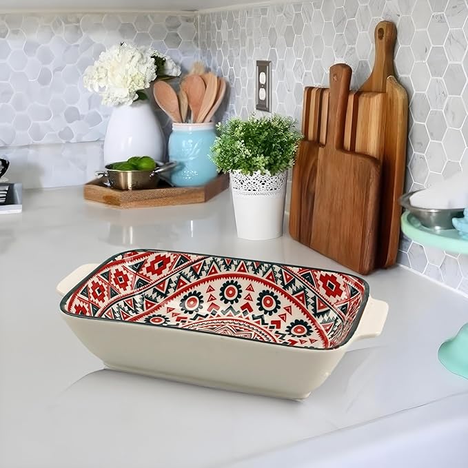 Au Gratin Baking Dish, Single Serving Dish Set of 2 with Handle, Ceramic Casserole Dish for Oven, Vintage Bohemian Bakeware for Fruit, Salads, Desserts, 8.8 Inch, Small Individual (Rectangular)