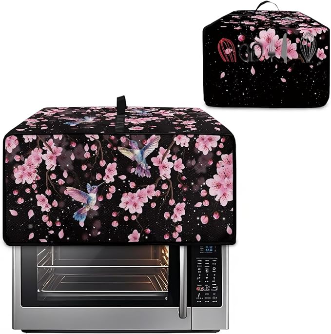 Hummingbird Cherry Blossom Print Toaster Oven Cover, Heat-Resistant Toaster Cover Dust-Proof Microwave Oven Protector, Protections for Kitchen, Black, (Large-18.5*22.5*12.99 inches)