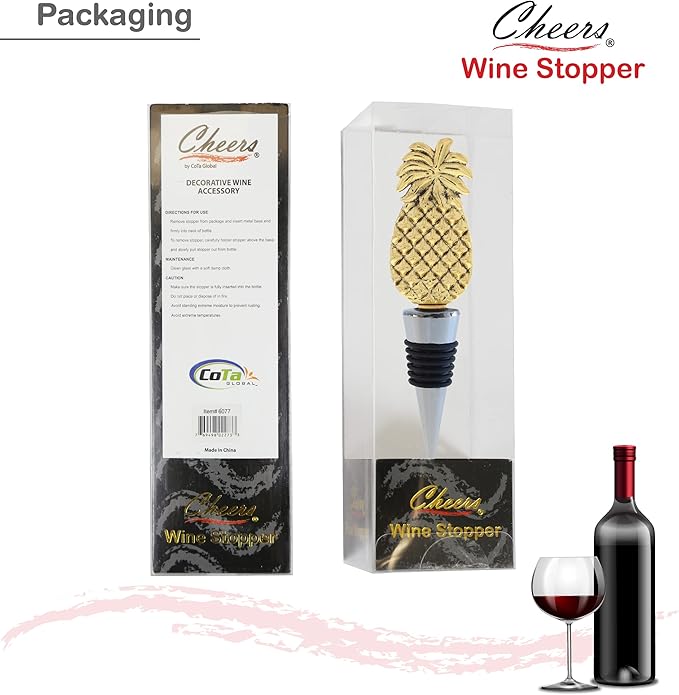 Cheers Gold Pineapple Metal Wine Stopper - Elegant Vacuum Seal Reusable Gold Troical Fruit Wine Bottle Stopper, Airtight Leak Proof Bottle Topper Cork Plug, Home Decor & Bar Tool Accessory Unique Gift