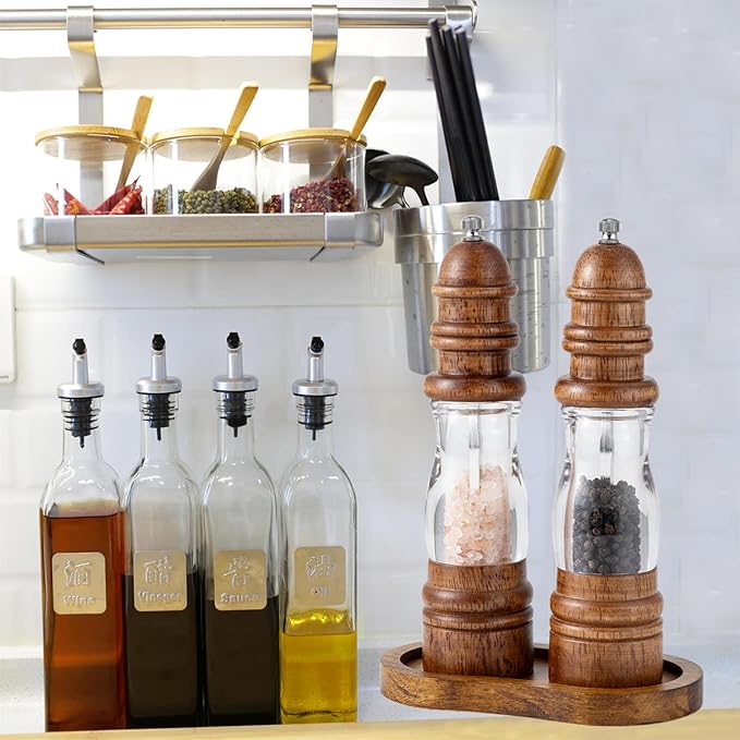 Salt and Pepper Wood Mill Tray, Retro Colour Pepper Grinder Rest, Work Surface and Dining Table Protector (Pepper Mill not Included)
