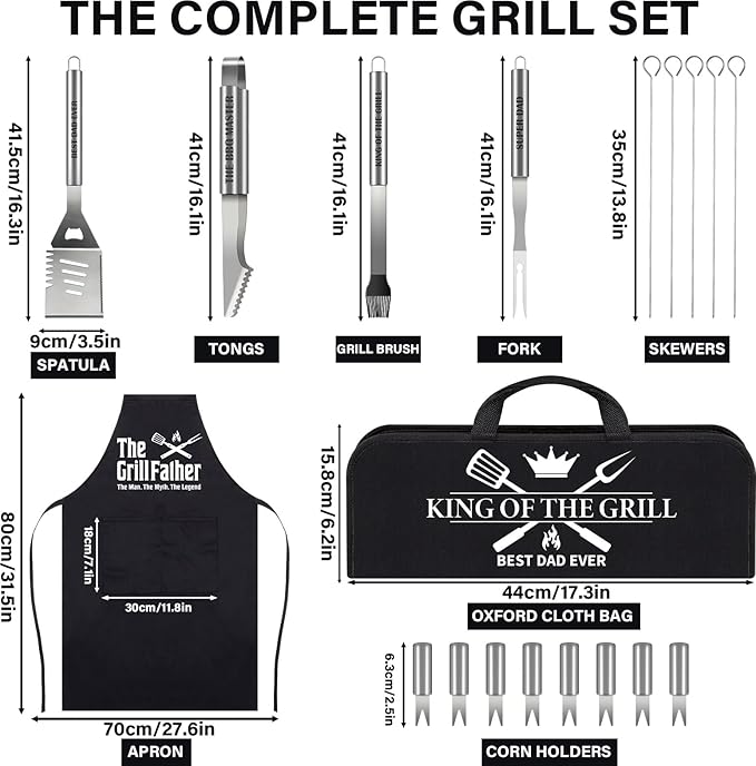 Dad Christmas Gifts from Daughter Son 19Pcs BBQ Grill Tools Set with Apron Portable Bag Heavy Duty Stainless Steel Grilling Utensils Barbecue Accessories Kit for Men Father Papa Birthday Present