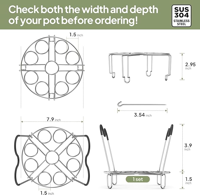 Stackable Egg Steamer Rack Holds 18 Eggs with Handles, Stainless Steel Instant Pot Trivet Fits 6qt/8qt Pressure Cooker, 2-in-1 with Skewers for Grilling