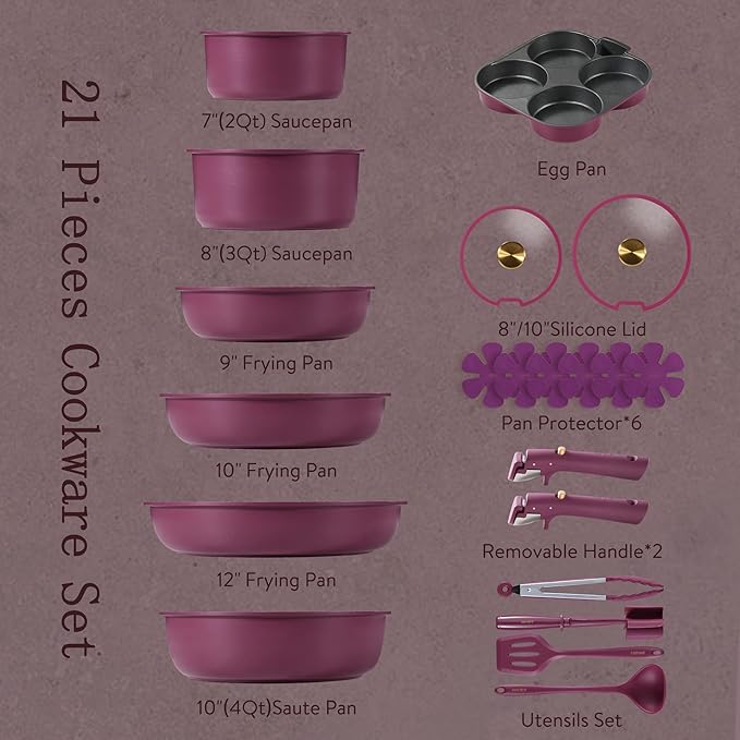 CAROTE 21pcs Pots and Pans Set, Nonstick Cookware Set Detachable Handle, Induction Kitchen Cookware Sets Non Stick with Removable Handle, RV Cookware Set, Gold and Purple