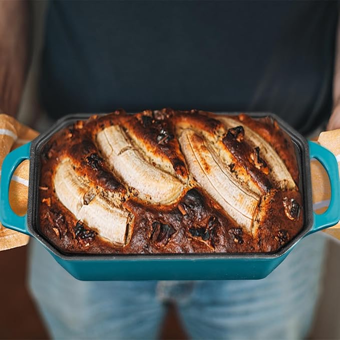 Flavehc Bread Pan Cast Iron Loaf Pan with Lid Bread Loaf Pan 8.5x4.5 Inch Loaf Pan Enameled Cast Iron Sourdough Loaf Pan, DarkCyan