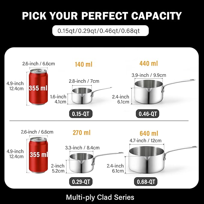 Cooks Standard Stainless Steel Butter Warmer Pot Set, 0.15/0.29/0.46/0.68 QT Multi-Ply Clad Small Sauce Pans, Mini Butter Chocolate Milk Melting Pot with Pour Spout, 4-Piece