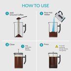 Belwares French Press Coffee Maker 34 Oz - Insulated Coffee Press Stainless Steel 304 - Double Wall & 4 Level Filtration System (1 Liter) - Black