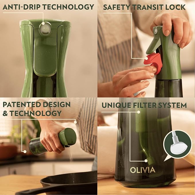 FLAIROSOL OLIVIA SIGNATURE Advanced Kitchen Oil Sprayer Technology, Fine Mist & Portion Control, Refillable Glass Olive Oil Cooking Spray Bottle for Air Fryer, Salad, BBQ, 200ml (Green, Gold)