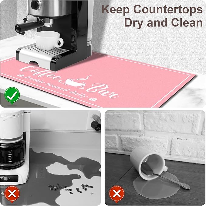 CooRug Absorbent Coffee Mat, Fashion Dish Drying Mat for Kitchen Counter Coffee Bar Accessories Espresso Machine Dish Rack 17" x 32" Pink