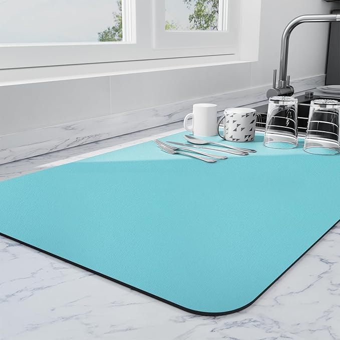 Ecotrim - Dish Drying Mat for Kitchen Counter | Coffee Bar Mat for Countertops | Heat Resistant Drainer Mat with Non-slip Rubber Backed | Hide Stain Kitchen Absorbent Draining Mat | Turquoise 16"x24"