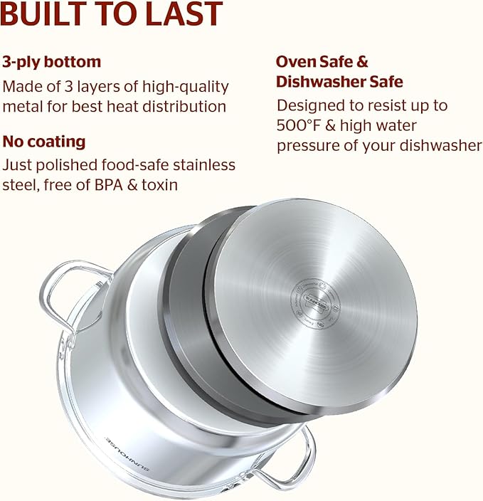SUNHOUSE Stainless Steel Stock Pot - 7 Quart Heavy-Duty Induction Cooking Pot with Visible Lid for Pasta, Soup, Spaghetti - Nonstick Thick-Bottom Deep Stockpot for Canning, Boiling, and Simmering