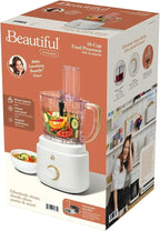 Beautiful by Drew Barrymore 10-Cup Food Processor, 500-Watts, Variable Speed, Pulse, 3" Wide Feed Tube, Stainless Steel Blades, Dishwasher Safe, Large Bowl, Accessories Included (White Icing)