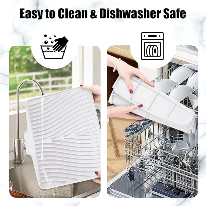TIKNIK Silicone Dish Drying Mat, Stone Drying Mat for Kitchen Counter with Built-In Drain, Non-Slip Drain Pad with Built-in Drain, Heat Resistant Stone Drying Mat, Hangable, White-1pcs, 16" x 12"