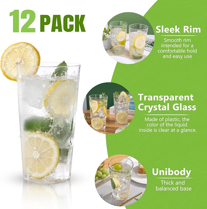 Liacere Plastic Drinking Glasses Set of 12-18oz Highball Clear Reusable Plastic Glasses Colors, Water Glasses Cups, Bar Tumbler Glassware Set for Beer, Juice, Cocktail, Milk