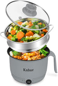 Hot Pot Electric With Steamer,Rapid Ramen Cooker,1.8L Mini Portable Self Heating Electric Pot For Cooking Noodles Steak Pasta,Shabu Shabu Hotpot Pot Electric Dorm Lazy Pot,Non-Stick Gray