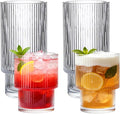 Drinking Glasses Set of 4, 16oz Glass Cups & 7oz Glasses Drinking Set, Stackable Drinkware Set, Vintage Glassware for Iced Coffee, Whiskey, Juice, Cocktail