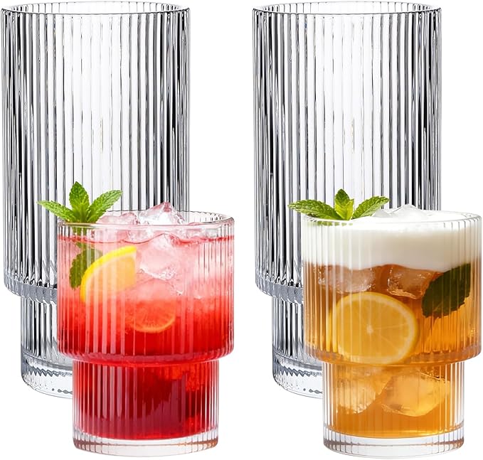 Drinking Glasses Set of 4, 16oz Glass Cups & 7oz Glasses Drinking Set, Stackable Drinkware Set, Vintage Glassware for Iced Coffee, Whiskey, Juice, Cocktail