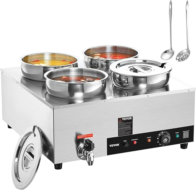 VEVOR Electric Soup Warmer, Four 7.4QT Stainless Steel Round Pot 86~185°F Adjustable Temp, 1500W Commercial Bain Marie with Anti-Dry Burn and Reset Button, Soup Station for Restaurant, Buffet, Silver