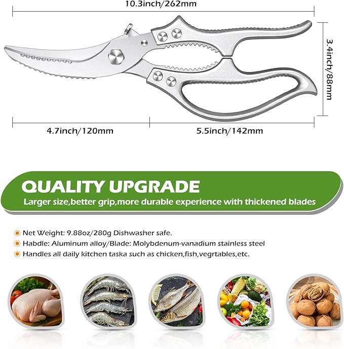 Poultry Shears – Heavy Duty Kitchen Shears & Multipurpose Kitchen Scissors for Meat, Chicken, Fish & Vegetables, High Carbon Stainless Steel, Safety Lock, Dishwasher Safe