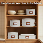 HOMELUX THEORY Plate Storage Box, 4pc Ivory Hard Shell China Storage Containers with 48 Felt Pads, Kitchen Storage Bins With Lids, Moving Box with Handles for Dishes, Dinner Plate & Platter