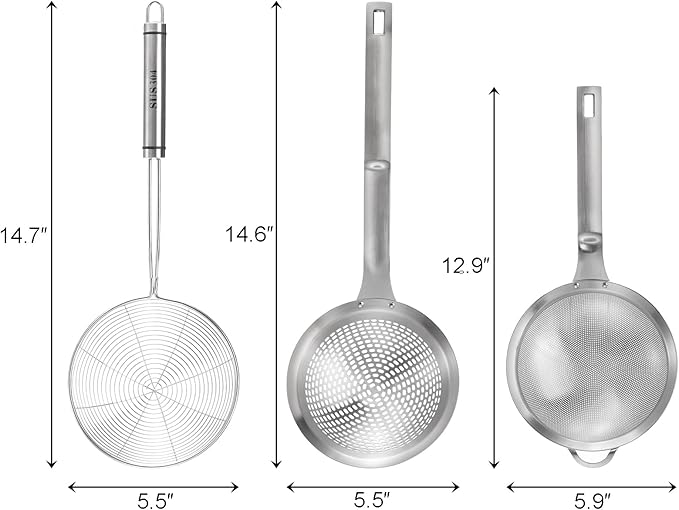 Suwimut 3 Pieces Spider Strainer Skimmer Spoon Set, Fine Mesh Stainless Steel Sieve Food Strainers, Large Hole Slotted Colander Frying Spoons, Strainer Ladle Wire Skimmer Spoon with Handle for Kitchen