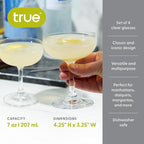 True Coupe Glass, Martini Glasses for Cocktail Party, Perfect for Espresso Martini, Manhattan, Champagne, Elegant 7 oz Glassware for Home Bars, Wedding Gifts, Margarita Glasses Set of 4