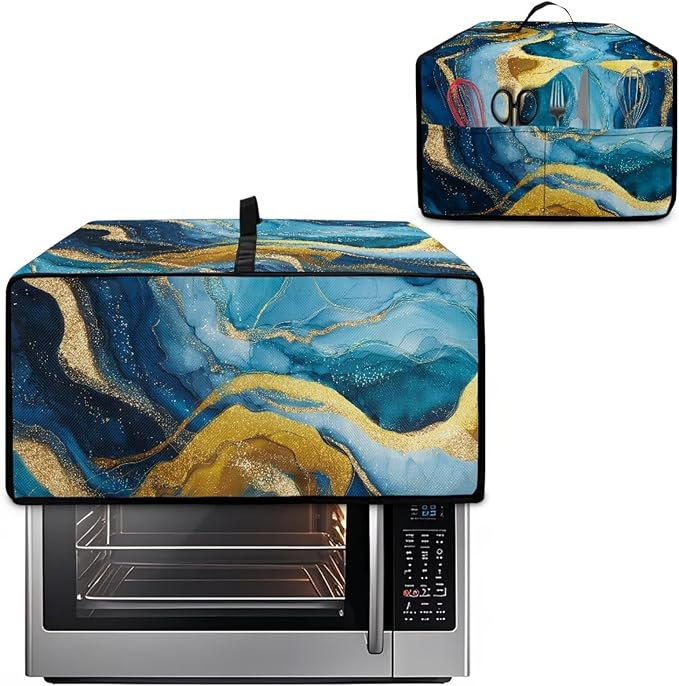 Marble Print Toaster Oven Dust Cover for Kitchen Counter, Heavy Duty Heat-resistant Microwave Oven Protective Cover Air Fryer Covers, Blue & Gold (Large-18.5 * 22.5 * 12.99 inches)