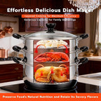 3-Tier 24 Qt Stainless Steel Steamer Pot with Glass Lid – Multi-Layer Stackable Cookware for Tamales, Vegetables & Seafood – Includes 2 Steamer Trays & Base Pot(30cm/11.8Inch)