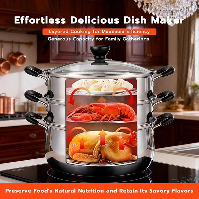 3-Tier 24 Qt Stainless Steel Steamer Pot with Glass Lid – Multi-Layer Stackable Cookware for Tamales, Vegetables & Seafood – Includes 2 Steamer Trays & Base Pot(30cm/11.8Inch)