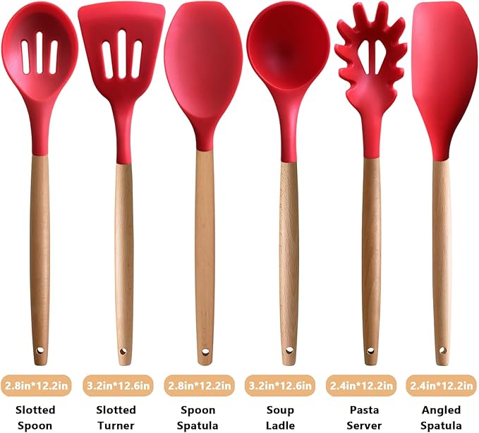 Kitchen Cooking Utensils Set 6Pcs Heat Resistant Silicone Kitchen Utensils Spatula Spoon Turner Ladle w Wooden Handle, BPA FREE Silicone Cooking Tool Gadget Set for Nonstick Cookware & Baking