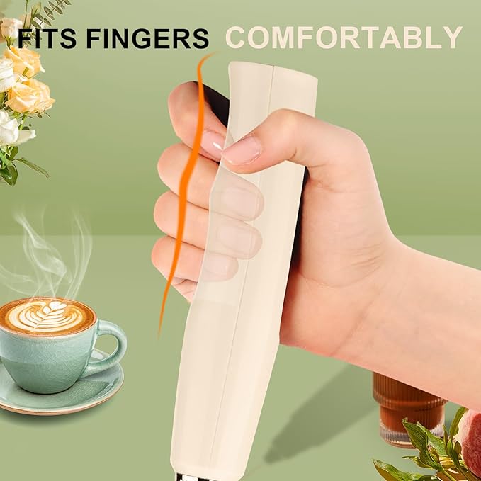 YUSWKO Beige Handheld Milk Frother Wand for Coffee, Rechargeable Electric Whisk with 3 Heads 3 Speeds Drink Mixer Coffee Frother For Latte, Cappuccino, Hot Chocolate, Egg