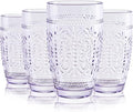 CREATIVELAND Colored Vintage Drinking Glasses Set of 4, 15.5 oz Romantic Embossed Water Glasses, Colored Tumblers Tempered Glass for Juice, Beverages, Beer, Cocktail
