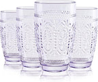 CREATIVELAND Colored Vintage Drinking Glasses Set of 4, 15.5 oz Romantic Embossed Water Glasses, Colored Tumblers Tempered Glass for Juice, Beverages, Beer, Cocktail