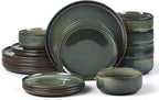 E-far Dinnerware Sets for 6, 18-Piece Stoneware Plates and Bowls Set, Ceramic Dishes Reactive Glaze Dinning Ware, Microwave & Dishwasher Safe - Obsidian Green
